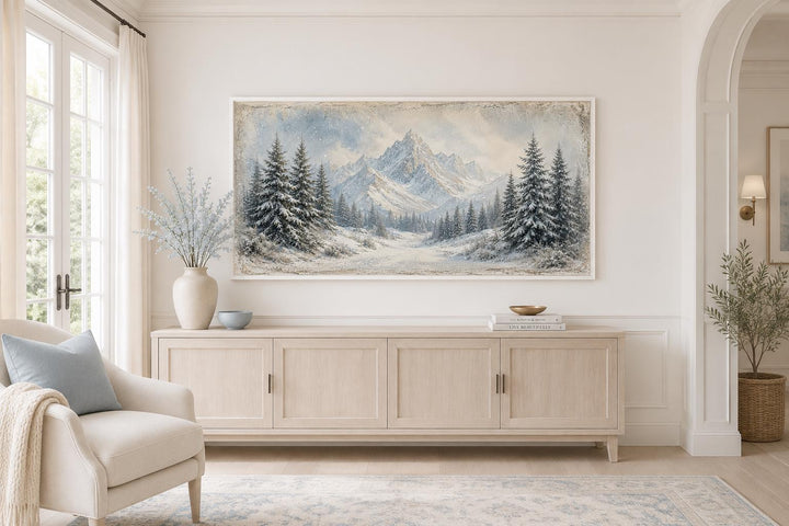 Winter Landscape Wall Art - Snowy Mountain Lake Painting with Pine Tree Forest Canvas