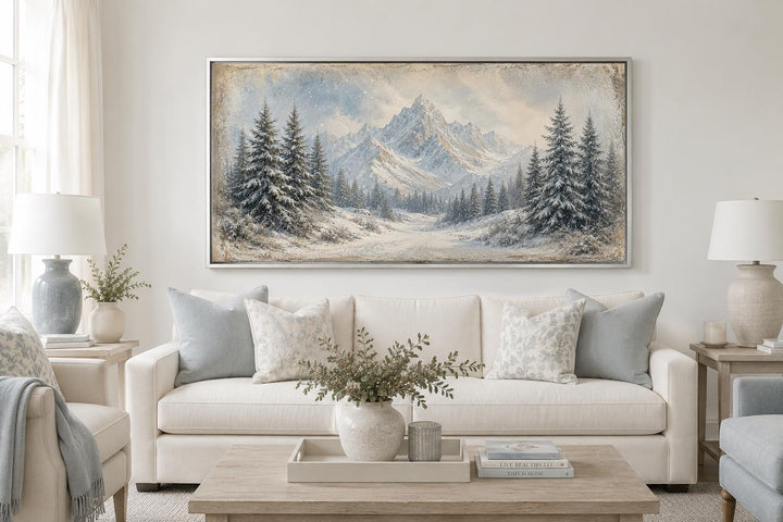 Winter Landscape Wall Art - Snowy Mountain Lake Painting with Pine Tree Forest Canvas
