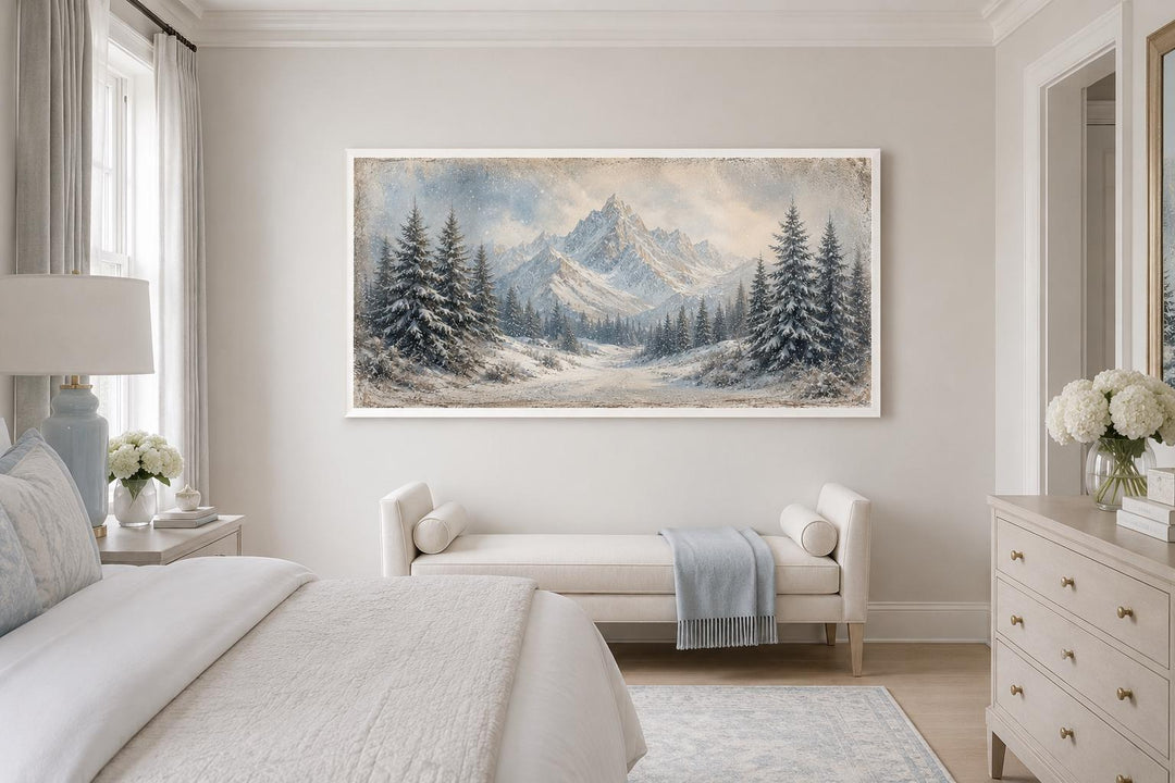 Winter Landscape Wall Art - Snowy Mountain Lake Painting with Pine Tree Forest Canvas