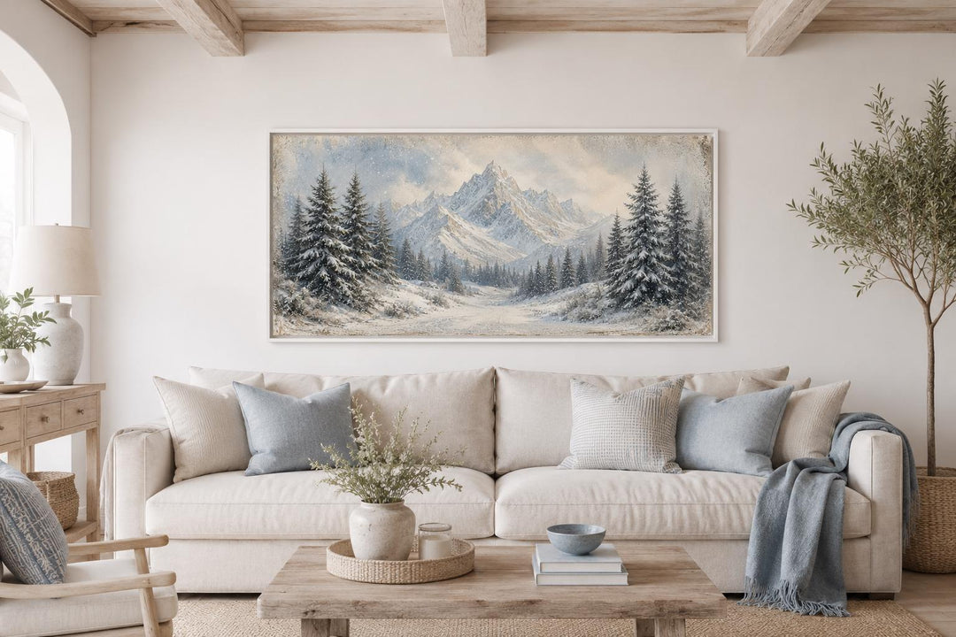 Winter Landscape Wall Art - Snowy Mountain Lake Painting with Pine Tree Forest Canvas