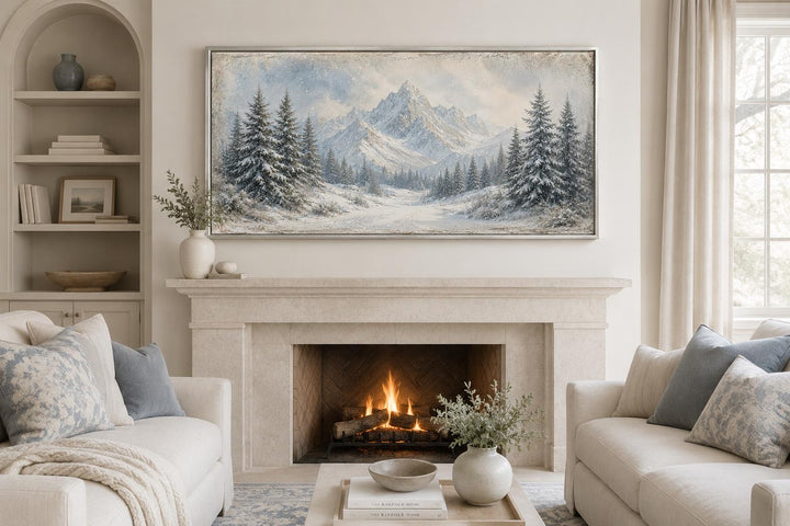 Winter Landscape Wall Art - Snowy Mountain Lake Painting with Pine Tree Forest Canvas