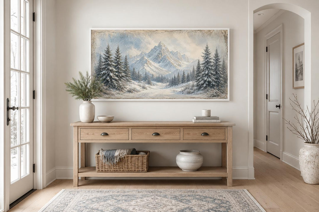 Winter Landscape Wall Art - Snowy Mountain Lake Painting with Pine Tree Forest Canvas