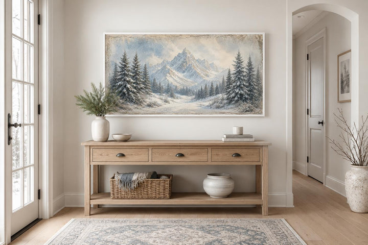 Winter Landscape Wall Art - Snowy Mountain Lake Painting with Pine Tree Forest Canvas