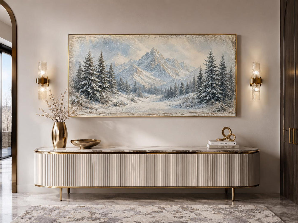 Winter Landscape Wall Art - Snowy Mountain Lake Painting with Pine Tree Forest Canvas