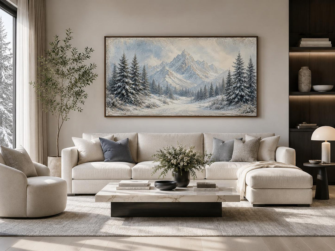 Winter Landscape Wall Art - Snowy Mountain Lake Painting with Pine Tree Forest Canvas