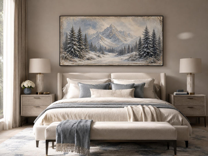 Winter Landscape Wall Art - Snowy Mountain Lake Painting with Pine Tree Forest Canvas