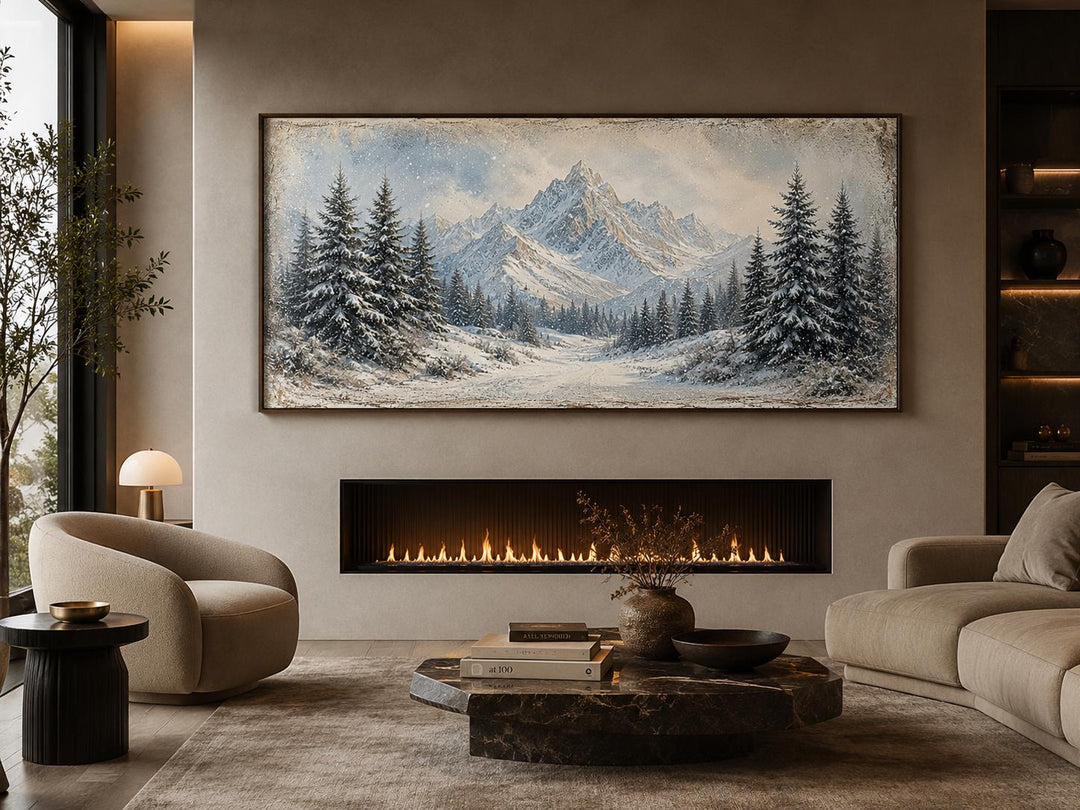 Winter Landscape Wall Art - Snowy Mountain Lake Painting with Pine Tree Forest Canvas