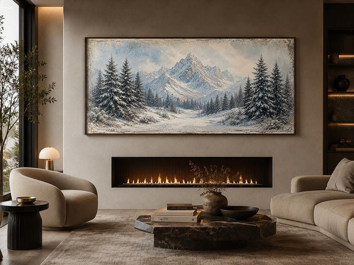 Winter Landscape Wall Art - Snowy Mountain Lake Painting with Pine Tree Forest Canvas