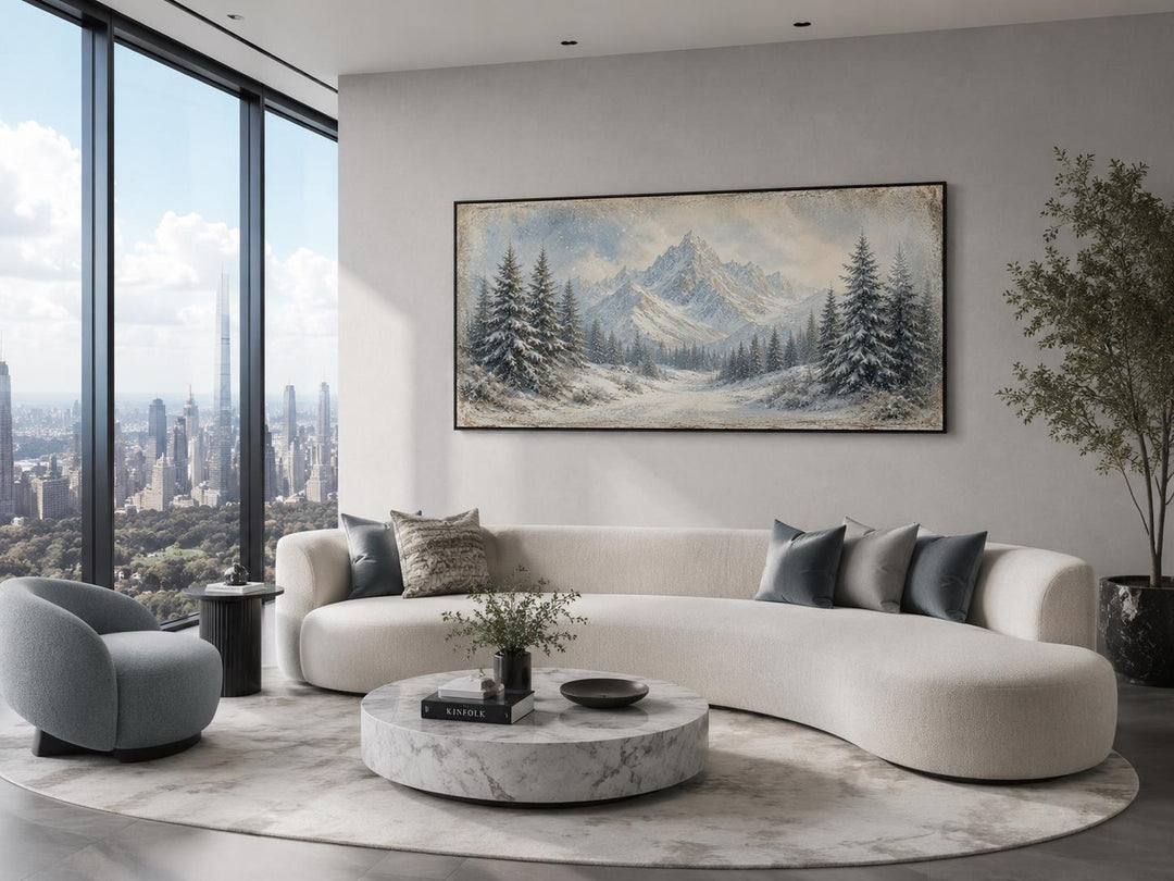 Winter Landscape Wall Art - Snowy Mountain Lake Painting with Pine Tree Forest Canvas