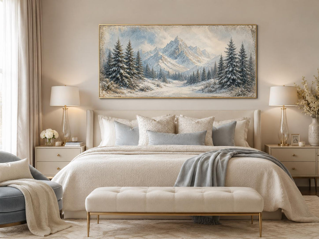 Winter Landscape Wall Art - Snowy Mountain Lake Painting with Pine Tree Forest Canvas