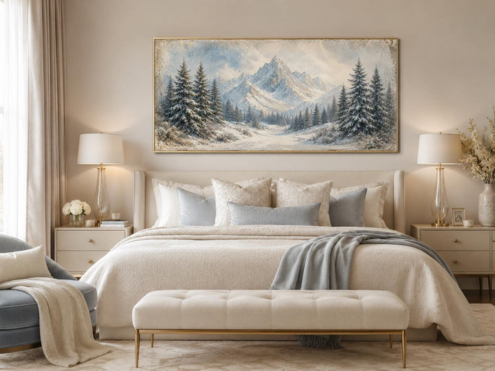 Winter Landscape Wall Art - Snowy Mountain Lake Painting with Pine Tree Forest Canvas