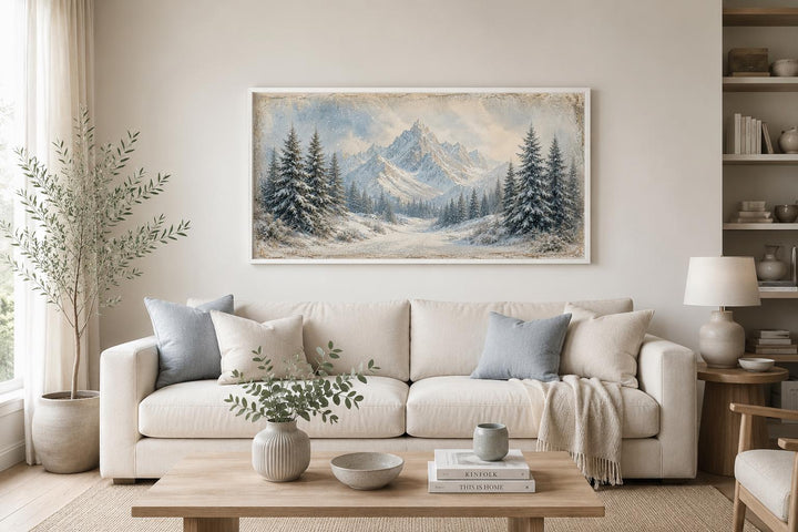 Winter Landscape Wall Art - Snowy Mountain Lake Painting with Pine Tree Forest Canvas