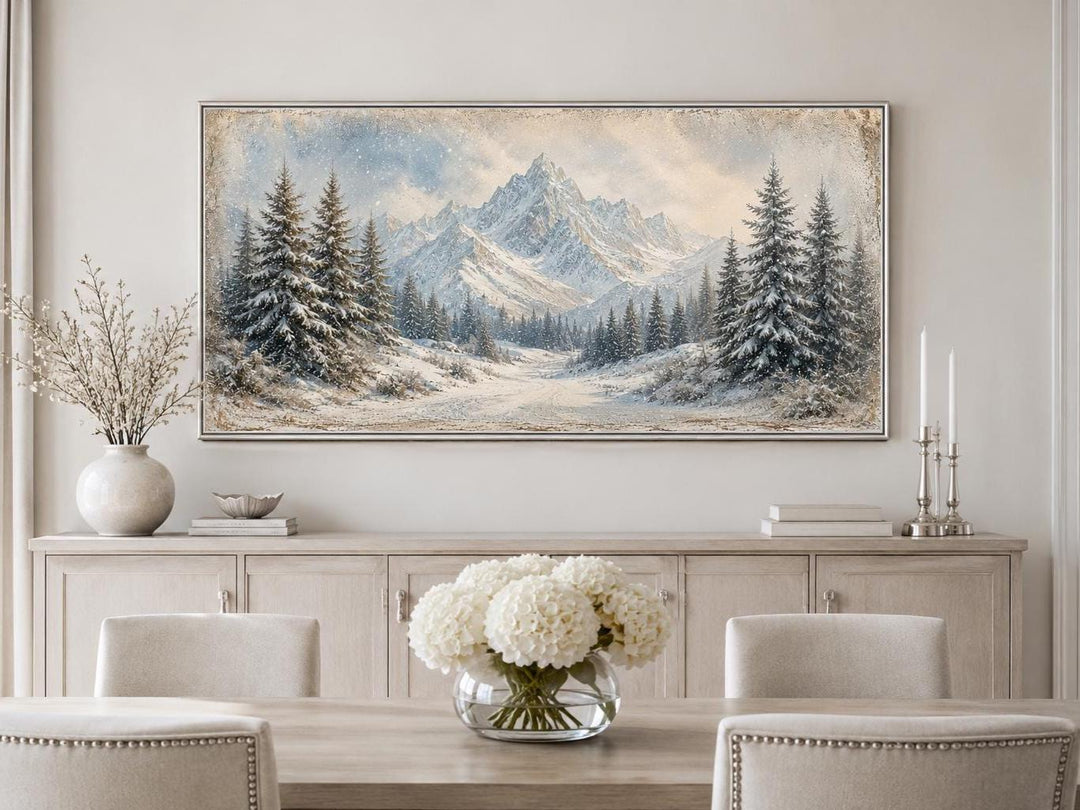 Winter Landscape Wall Art - Snowy Mountain Lake Painting with Pine Tree Forest Canvas
