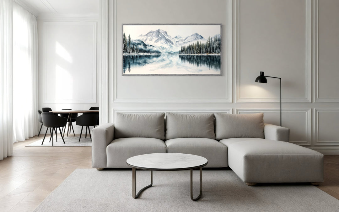 Winter Mountain Lake Art – Framed Landscape Canvas Print With Pine Tree Forest