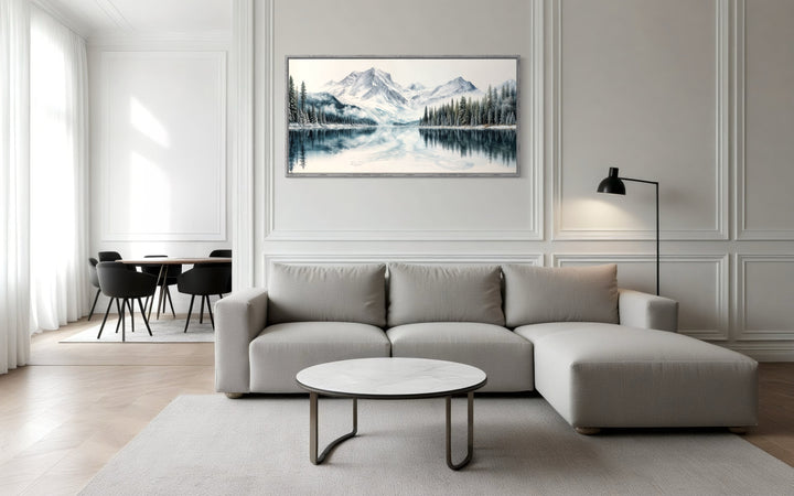 Winter Mountain Lake Art – Framed Landscape Canvas Print With Pine Tree Forest