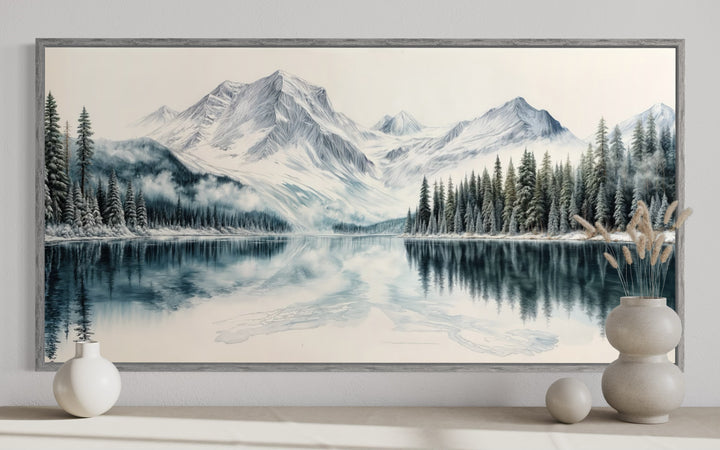 Winter Mountain Lake Art – Framed Landscape Canvas Print With Pine Tree Forest