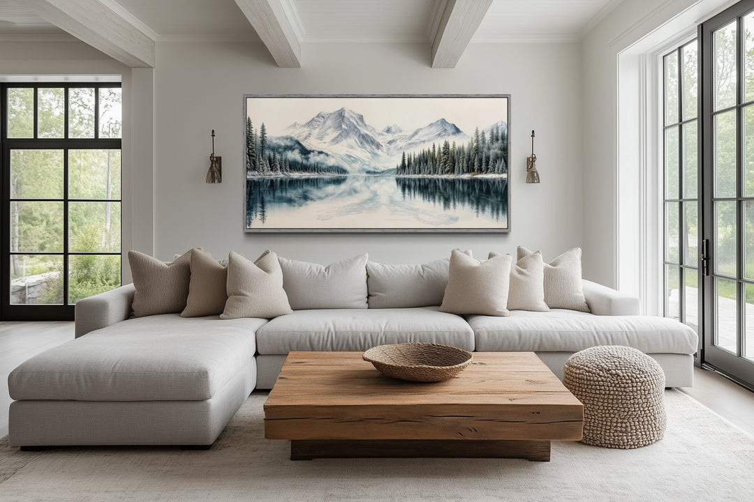 Winter Mountain Lake Art – Framed Landscape Canvas Print With Pine Tree Forest