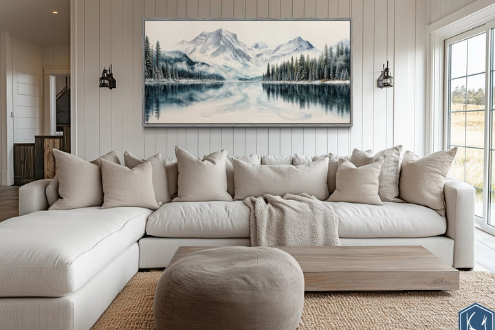 Winter Mountain Lake Art – Framed Landscape Canvas Print With Pine Tree Forest