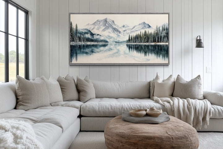 Winter Mountain Lake Art – Framed Landscape Canvas Print With Pine Tree Forest