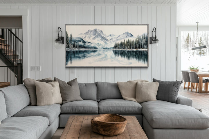 Winter Mountain Lake Art – Framed Landscape Canvas Print With Pine Tree Forest
