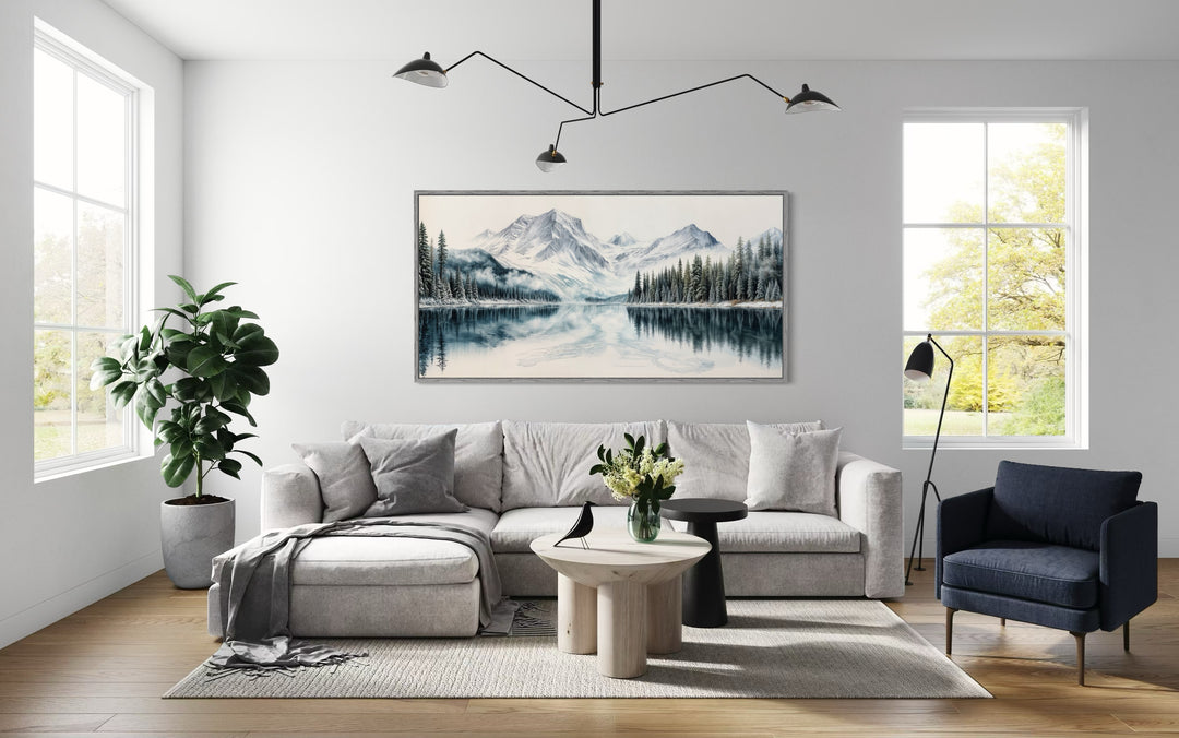 Winter Mountain Lake Art – Framed Landscape Canvas Print With Pine Tree Forest