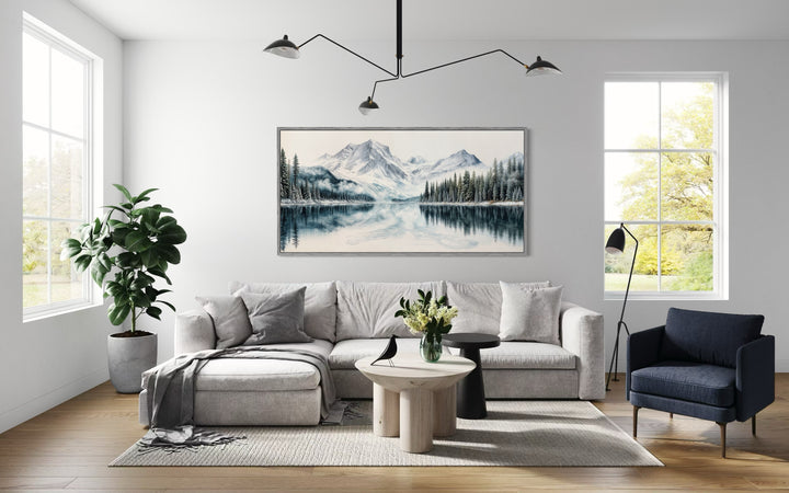 Winter Mountain Lake Art – Framed Landscape Canvas Print With Pine Tree Forest