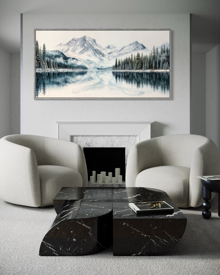 Winter Mountain Lake Art – Framed Landscape Canvas Print With Pine Tree Forest