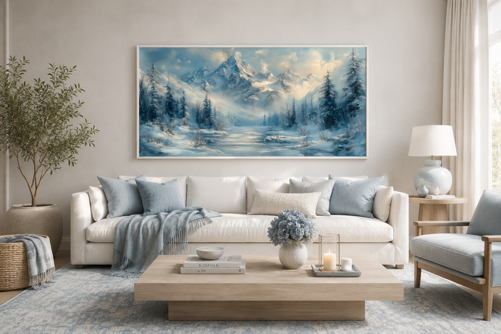 Winter mountain wall art with snowy peaks and a frozen lake above a white sofa in a living room.
