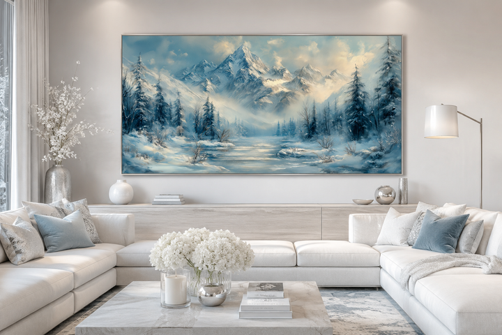 Large winter mountain canvas art above a white sofa in a modern, neutral living room.