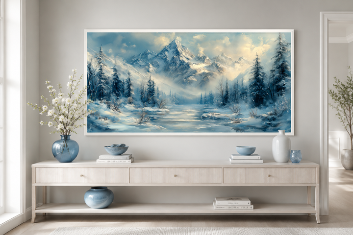 Winter mountain canvas art with snowy peaks and a frozen lake above a modern white sideboard.