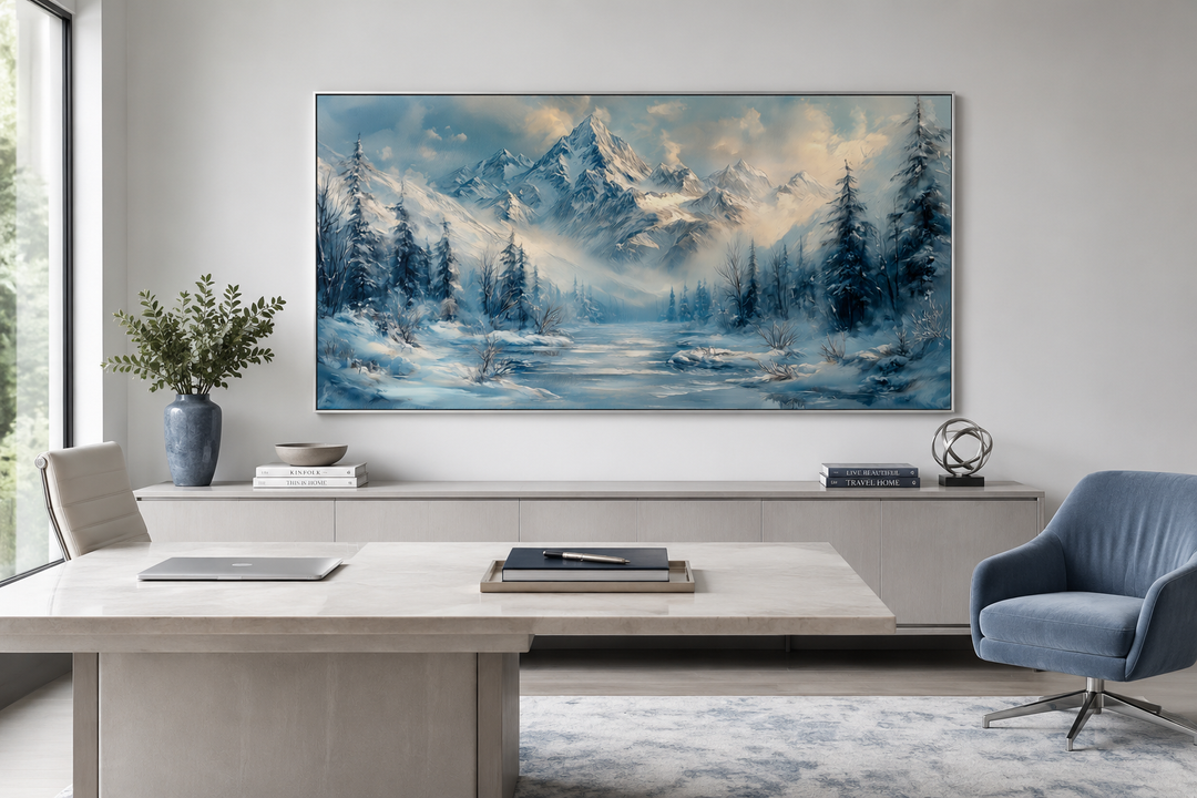 Winter mountain wall art featuring a snowy alpine landscape with a frozen lake and evergreen trees.