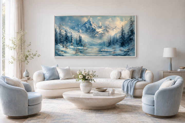 Panoramic winter mountain wall art above a white sofa in a neutral, modern living room.