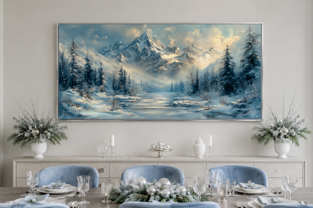 Winter Mountain wall art featuring a snowy alpine landscape with a frozen lake and evergreen trees.