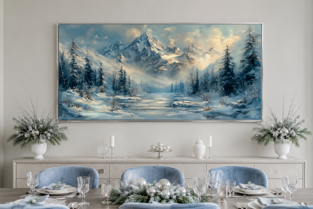 Winter Mountain wall art featuring a snowy alpine landscape with a frozen lake and evergreen trees.