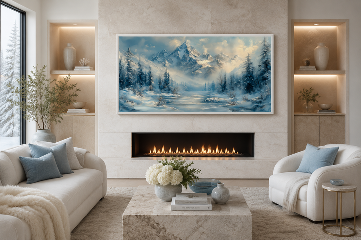 Winter mountain wall art featuring a snowy alpine landscape above a modern fireplace.