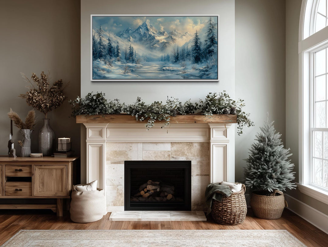Winter Mountain Wall Art – Snowy Mountain Canvas With Frozen Lake & Alpine Scenery
