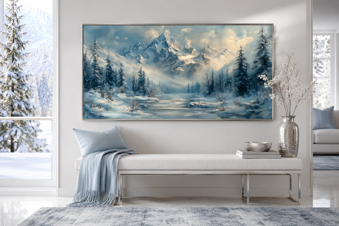 Winter mountain wall art with snowy peaks, frozen lake, and alpine scenery in a modern living room.
