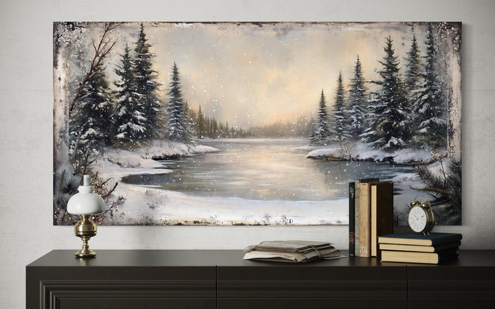 Winter Snowy Lake And Pine Forest Landscape Canvas Wall Art