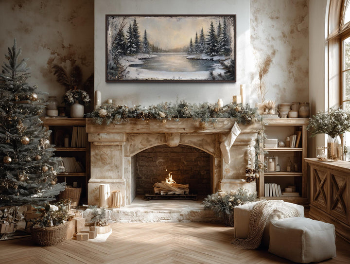 Winter Snowy Lake And Pine Forest Landscape Canvas Wall Art