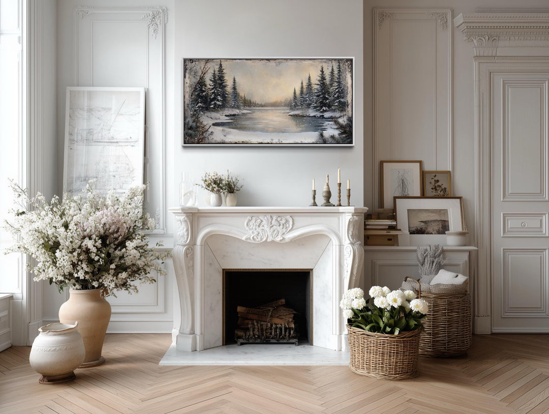 Winter Snowy Lake And Pine Forest Landscape Canvas Wall Art