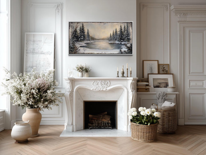 Winter Snowy Lake And Pine Forest Landscape Canvas Wall Art