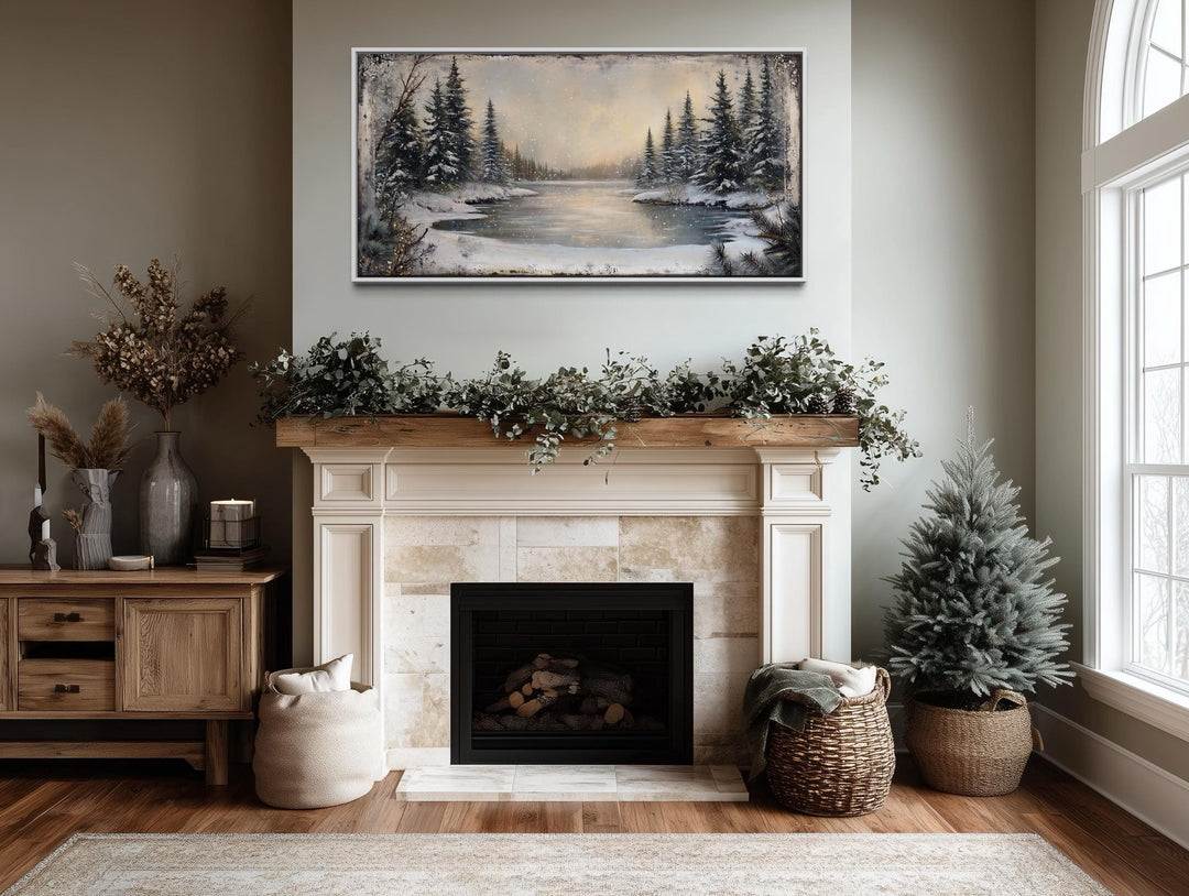 Winter Snowy Lake And Pine Forest Landscape Canvas Wall Art