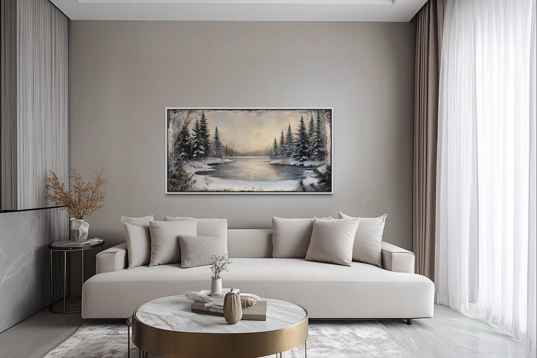 Winter Snowy Lake And Pine Forest Landscape Canvas Wall Art