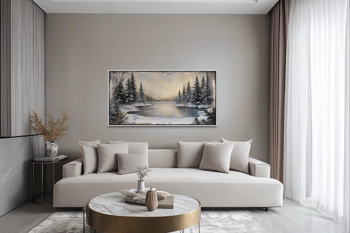 Winter Snowy Lake And Pine Forest Landscape Canvas Wall Art