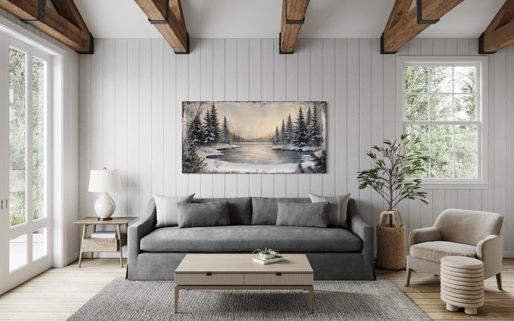 Winter Snowy Lake And Pine Forest Landscape Canvas Wall Art