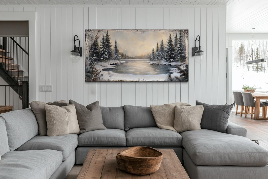 Winter Snowy Lake And Pine Forest Landscape Canvas Wall Art