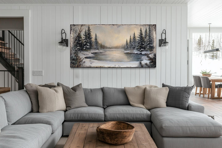 Winter Snowy Lake And Pine Forest Landscape Canvas Wall Art
