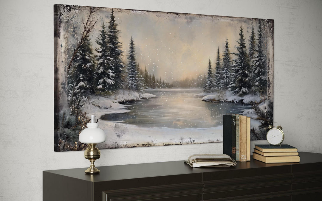 Winter Snowy Lake And Pine Forest Landscape Canvas Wall Art