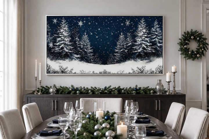 Winter Wonderland Pine Trees Forest Framed Canvas Wall Art above a decorated dining table.