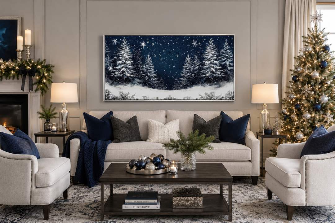 Winter Wonderland Pine Trees Forest Framed Canvas Wall Art above a sofa in a decorated living room.